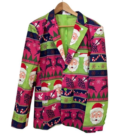 Holiday Time Neon Pink Green Santa Ugly Sweater Christmas Blazer Men's Small - Picture 1 of 7
